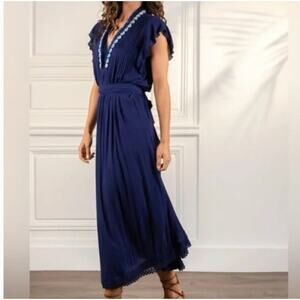 Poupette St Barth Maxi Dress Navy Blue XS Fringe Puka Shell Accents